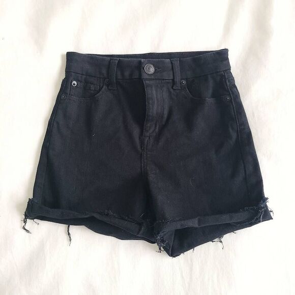 American Eagle Curvy High Rise Shortie Cuffed Shorts Womens Size 0 Black Stretch - Picture 1 of 5
